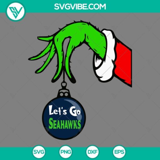 Seattle Seahawks themed Grinch hand holding an ornament SVG file for Christmas festivities.