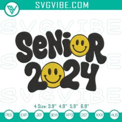 Senior 2024 smiley face embroidery designs for Class of 2024, featuring a fun and colorful pattern. Perfect for graduation celebrations.