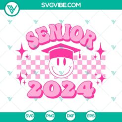 Senior 2024 Smiley Pink SVG images for graduation featuring retro checkered design. Download stylish and celebratory graduation SVG images.