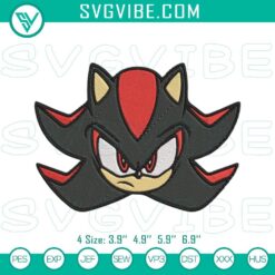 Shadow The Hedgehog head embroidery design in black, featuring detailed Sonic character file for crafts and projects.