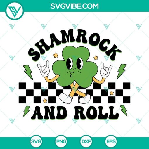 Shamrock and roll SVG file with retro rocker design featuring a shamrock with a rock hand gesture. Perfect for St. Patrick's Day projects.