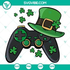 Green shamrock game controller St. Patrick's Day Cricut SVG with clover gaming elements, available in PNG, EPS, DXF formats.