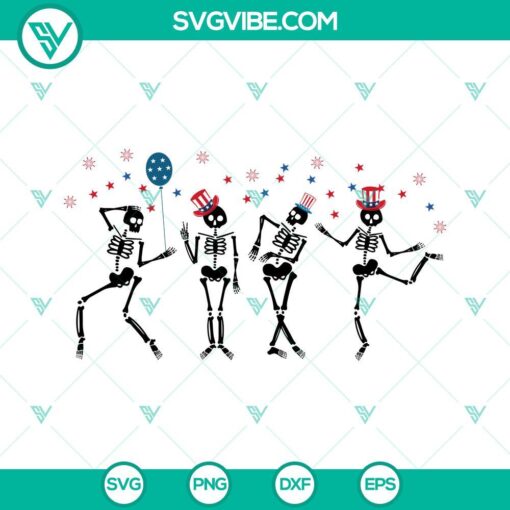 Skeleton dancing 4th of July SVG file with fireworks American design, perfect for Independence Day celebrations.
