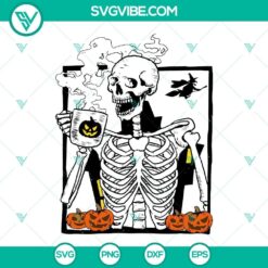 Halloween-themed skeleton drinking coffee SVG file with a pumpkin motif, ideal for digital crafting projects.