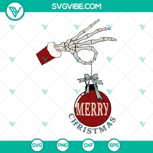 Skeleton hand holding ornament Merry Christmas SVG PNG EPS DXF files for holiday crafting.