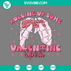 Skeleton hand rolling up a pink horror Valentine spirit SVG file, perfect for Halloween designs.