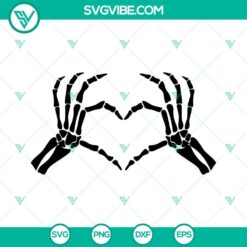 Skeleton hands forming a heart shape, perfect for Valentine's Day projects. SVG download includes bones design in PNG and DXF formats.