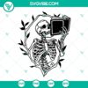 Skeleton holding book SVG design, perfect for book lovers. Includes PNG, DXF, EPS files for cutting. Hilarious and unique concept.