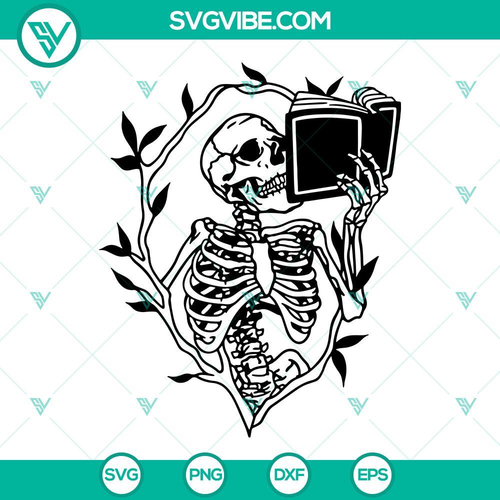 Skeleton Holding Book SVG, Funny Book Lovers SVG PNG DXF EPS Cut Files Skeleton holding book SVG design, perfect for book lovers. Includes PNG, DXF, EPS files for cutting. Hilarious and unique concept.