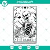 Skeleton reading tarot card, The Reader SVG files for download, mystical design for digital products.