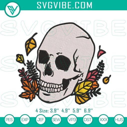 Skull autumn leaves embroidery design files for Halloween and fall machine embroidery.