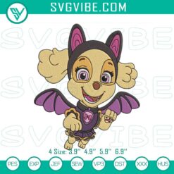 Skye PAW Patrol bat Halloween embroidery design in multiple formats, featuring a spooky character for crafts.