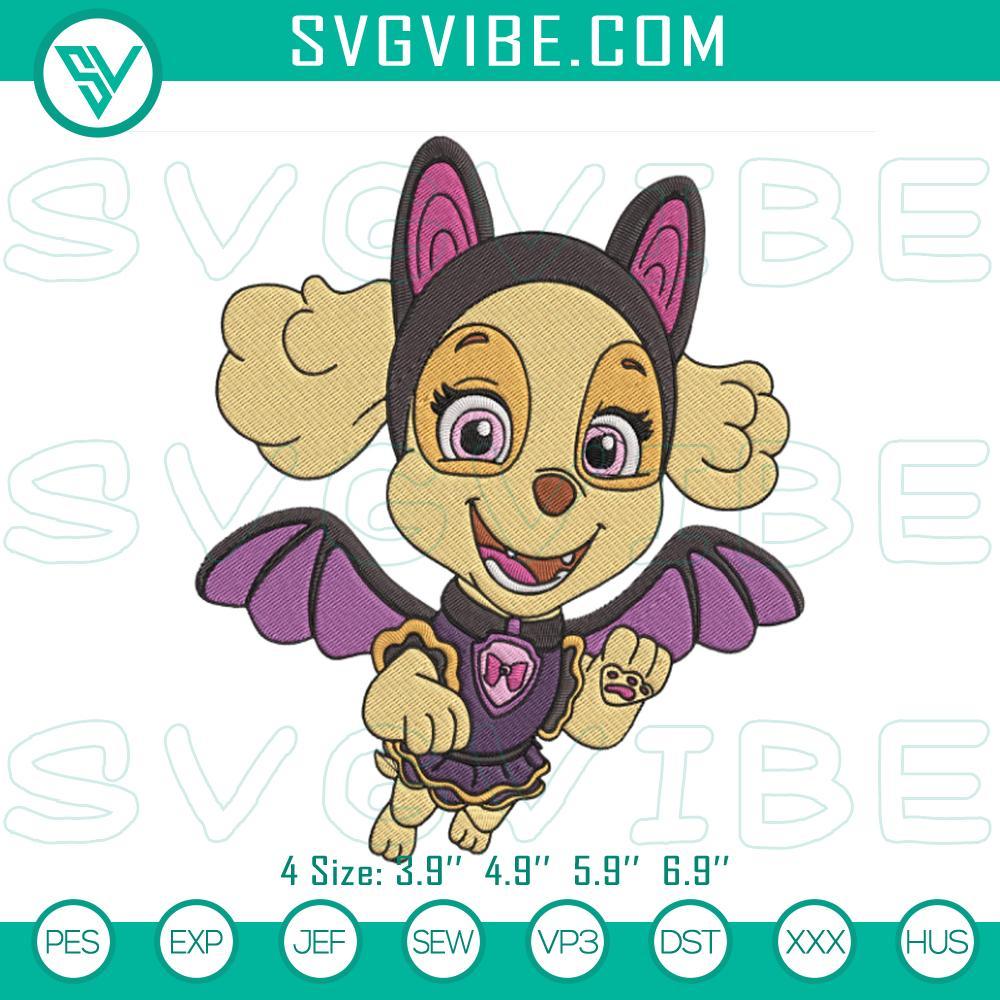 Skye PAW Patrol Bat Halloween Embroidery Design Files Skye PAW Patrol bat Halloween embroidery design in multiple formats, featuring a spooky character for crafts.
