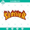 Slasher Thrasher Logo SVG with horror film elements, perfect for Halloween movies.