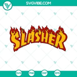 Slasher Thrasher Logo SVG with horror film elements, perfect for Halloween movies.