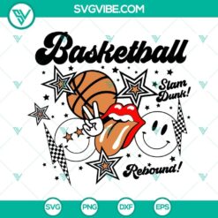 Smiley basketball, slam dunk, and rebound SVG files for sports designs. Ideal for basketball lovers' crafts.