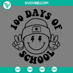 Happy 100 days of school smiley face SVG with PNG, EPS, and DXF files for download. Great for celebrating school milestones.