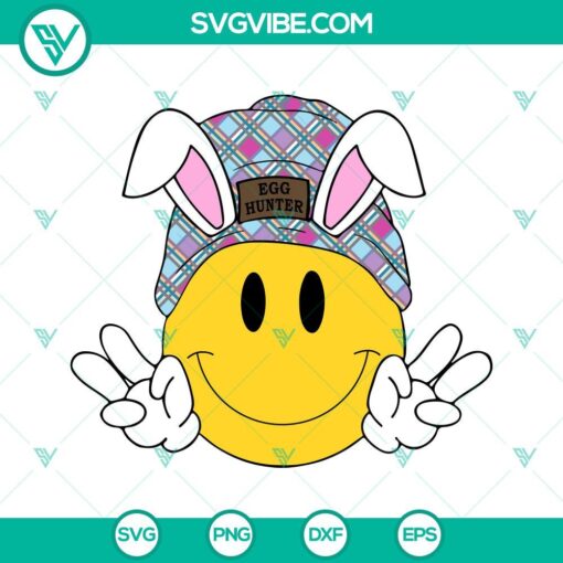 Smiley face beanie, egg hunter, and bunny SVG files bundle for Easter celebration.