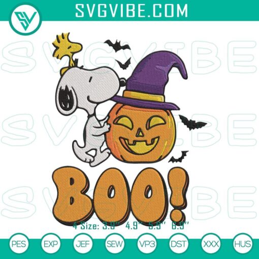 Snoopy and Woodstock Boo Halloween embroidery design, classic Peanuts spooky file for Halloween crafts and decorations.