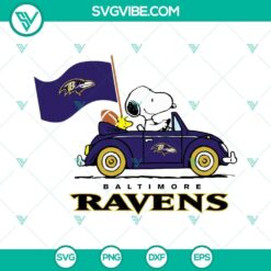 Snoopy Car Baltimore Ravens SVG PNG DXF EPS Cut Files for football fans, featuring iconic Snoopy character and team logo.