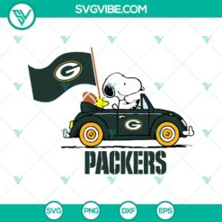 Snoopy car Green Bay Packers themed SVG, PNG, DXF, and EPS cut files for sports enthusiasts.