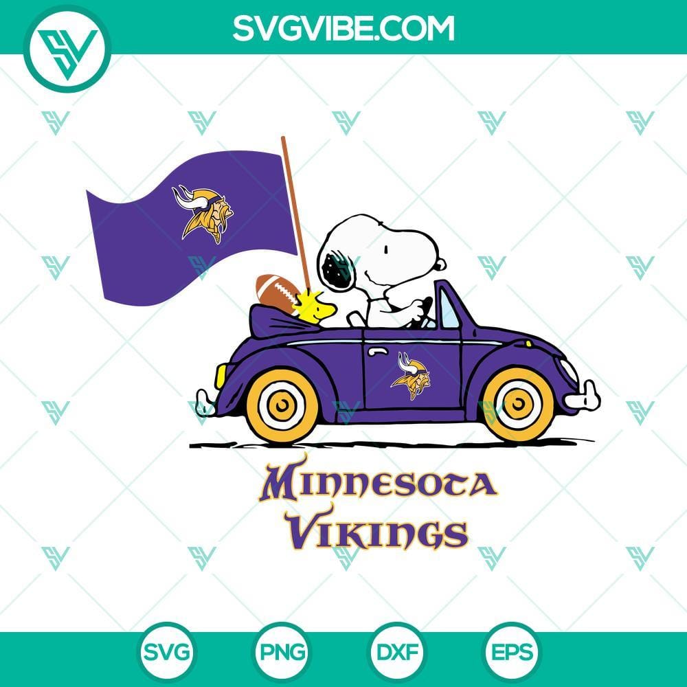Snoopy Car Minnesota Vikings SVG PNG DXF EPS Cut Files Snoopy Car Minnesota Vikings SVG cut files with PNG, DXF, and EPS formats for crafting projects.
