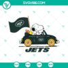 Snoopy car New York Jets themed SVG, PNG, DXF, EPS cut files for digital crafting projects.