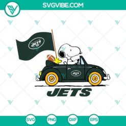 Snoopy car New York Jets themed SVG, PNG, DXF, EPS cut files for digital crafting projects.