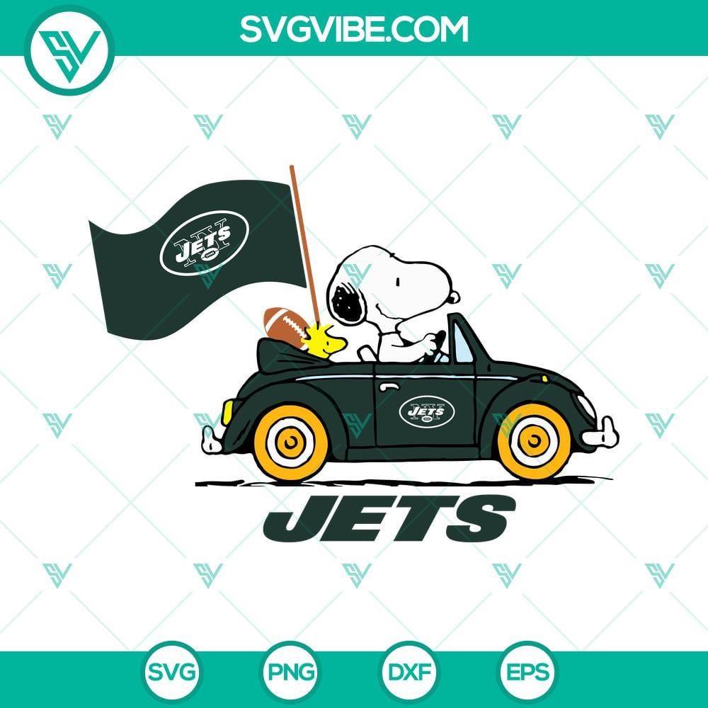 Snoopy Car New York Jets SVG PNG DXF EPS Cut Files Snoopy car New York Jets themed SVG, PNG, DXF, EPS cut files for digital crafting projects.