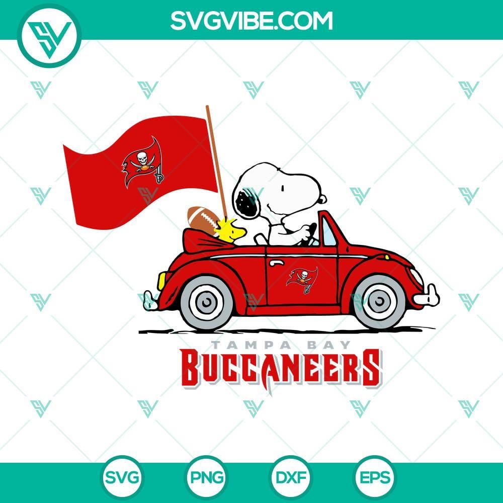 Snoopy Car Tampa Bay Buccaneers SVG PNG DXF EPS Cut Files Snoopy car Tampa Bay Buccaneers logo SVG download with PNG, DXF, and EPS cut files for crafts and designs.