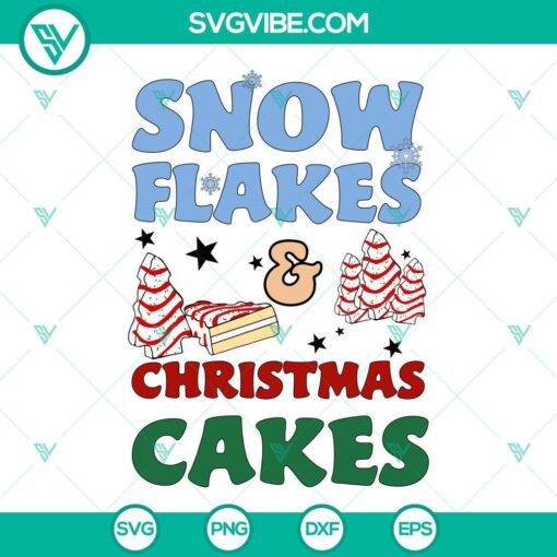 Snowflakes and Christmas cakes SVG images with Christmas tree cake designs for holiday crafts and decorations.