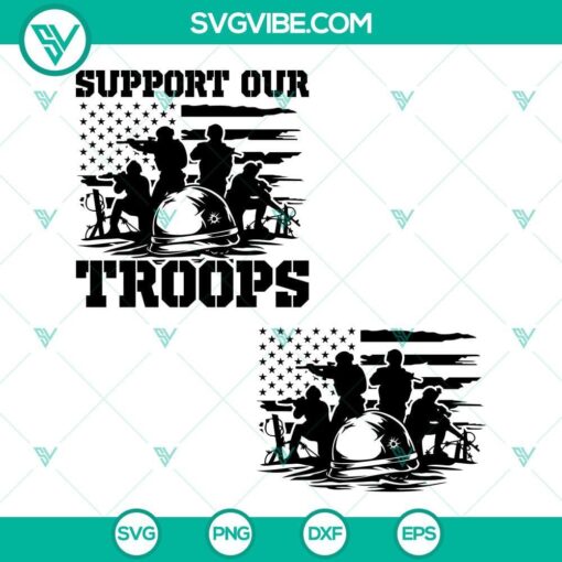 Soldier battle scene SVG download bundle with "Support Our Troops" and US flags in digital format. Show patriotism with this military design.