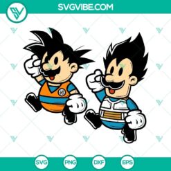 Son Goku, Vegeta, and Super Mario Bros characters in SVG, PNG, DXF, and EPS formats. Dragon Ball themed digital design.