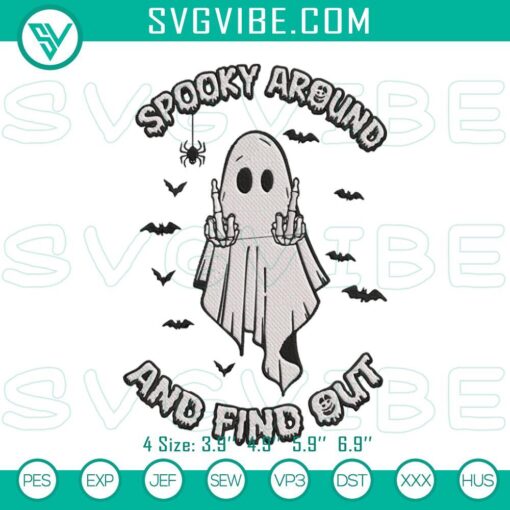 Spooky ghost middle finger embroidery design, edgy Halloween theme for digital product.