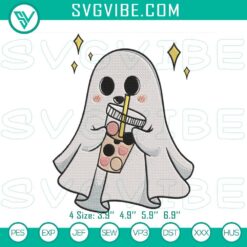 Spooky ghost drink tea cute Halloween embroidery design, perfect for tea lover themed projects.