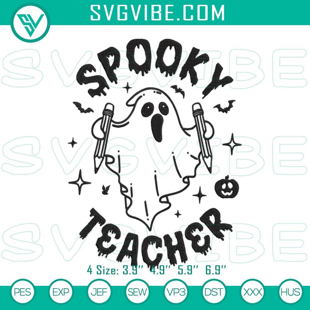 Spooky Teacher Embroidery Designs, Halloween Teacher Embroidery Files Spooky Teacher embroidery designs featuring a fun Halloween theme perfect for teachers with ghosts, pumpkins, and bats.