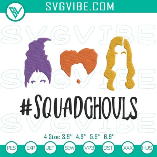 Squad Ghouls Hocus Pocus Embroidery Designs featuring Sanderson Sisters, Halloween themed embroidery files for crafting.