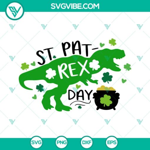 St Pat Rex Day SVG file with lucky dinosaur and T Rex for St Patrick's Day celebration. Great for crafting projects.