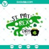 St Pat Rex Day SVG files with Lucky Dinosaur design for St Patrick's Day celebration. T Rex in festive attire for Irish holiday.