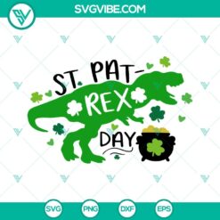 St Pat Rex Day SVG files with Lucky Dinosaur design for St Patrick's Day celebration. T Rex in festive attire for Irish holiday.