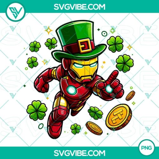 Iron Man superhero in St. Patrick's Day-themed green armor suit, Marvel Comics character, transparent PNG image.