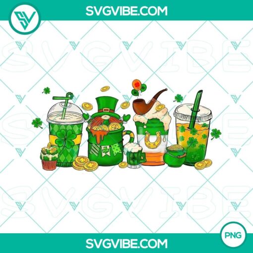 St Patricks Day coffee cup with gnome, Shamrock clover design PNG file for festive celebration, ideal for printing.