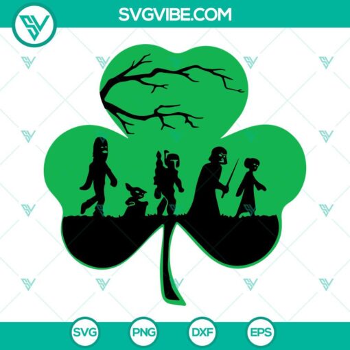 Star Wars themed four-leaf clover SVG files featuring shamrock design, Irish elements, and stars. Great St. Patrick's Day SVG.