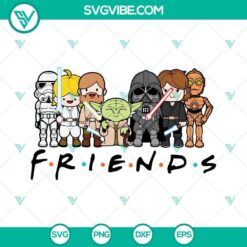Star Wars Friends SVG featuring Baby Yoda, Darth Vader, and Stormtrooper characters in a cute and playful design. Perfect for Star Wars fans.