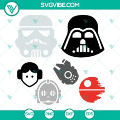 Star Wars SVG files featuring Stormtrooper, Darth Vader, and Death Star icons for digital design projects.