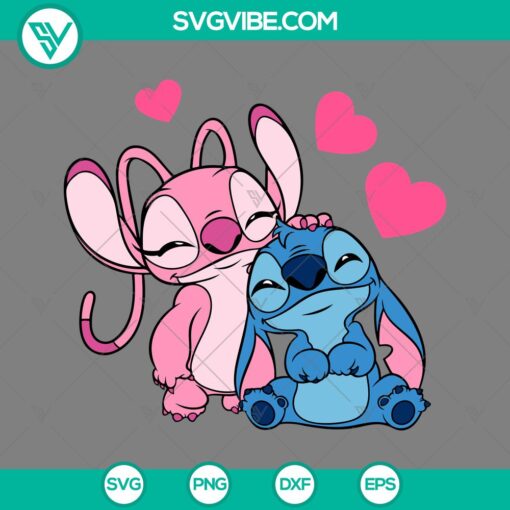 Stitch and Angel Valentine SVG files with hearts for Valentine's Day celebration. Perfect for crafts and decorations.