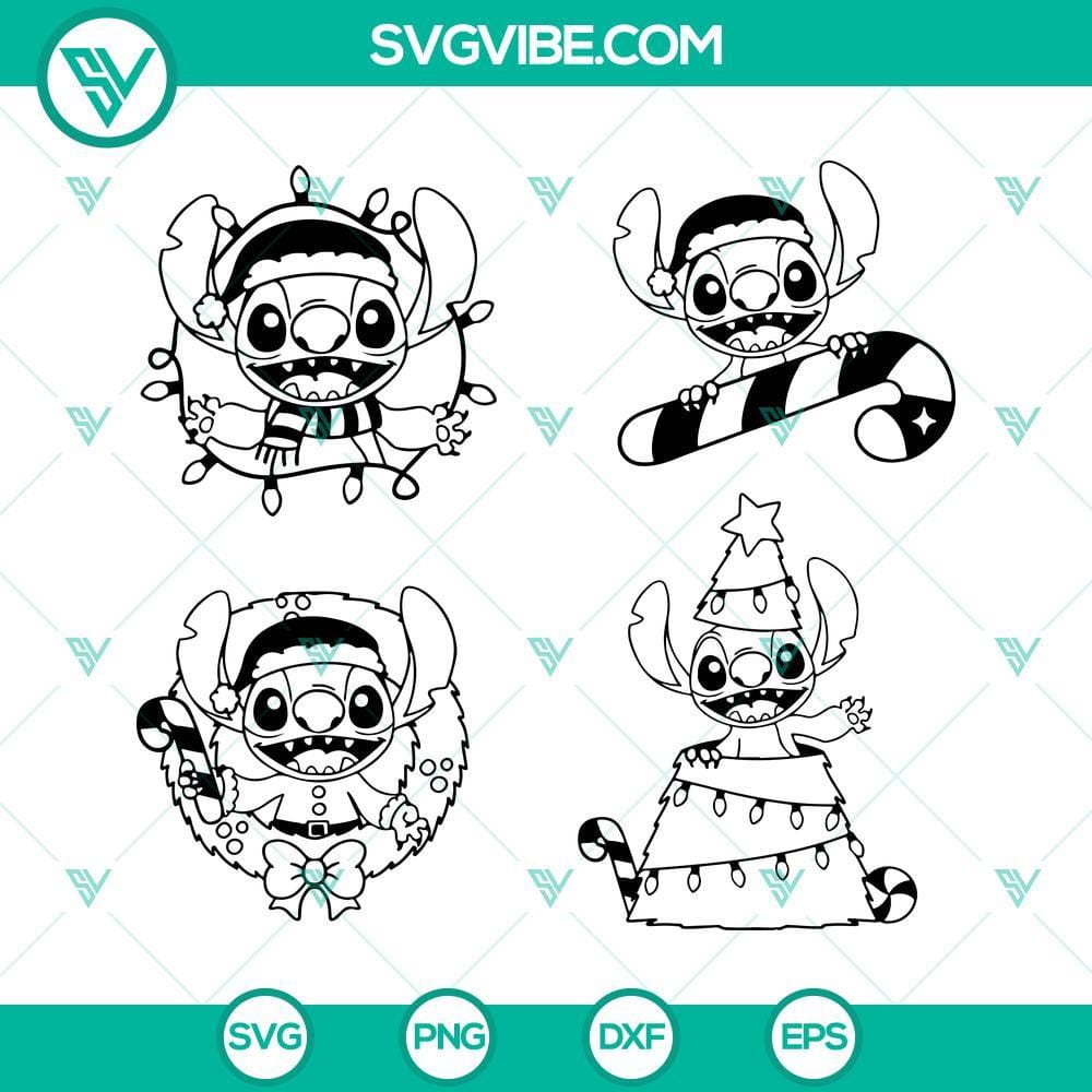 stitch-christmas-svg-bundle-stitch-christmas-svg-set-4-designs-files-cut-files-outline-10-mockup.jpg Stitch Christmas SVG bundle with 4 festive designs: Santa, reindeer, Christmas tree, and snowman. Ideal for holiday crafting projects.