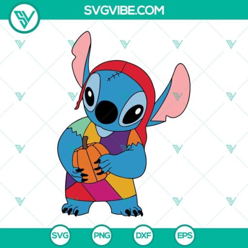 Stitch dressed as Sally Nightmare Before Christmas SVG file, featuring cute Stitch in Sally's iconic outfit. Great for Halloween crafting projects.