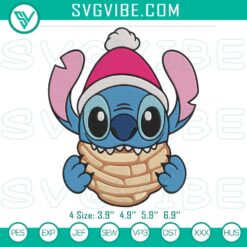 Embroidery design of Stitch eating a Christmas concha cake, holiday-themed file for stitching projects.