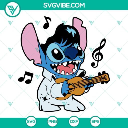 Stitch Elvis Presley playing guitar SVG design, featuring a funny twist. Downloadable digital image perfect for crafts.